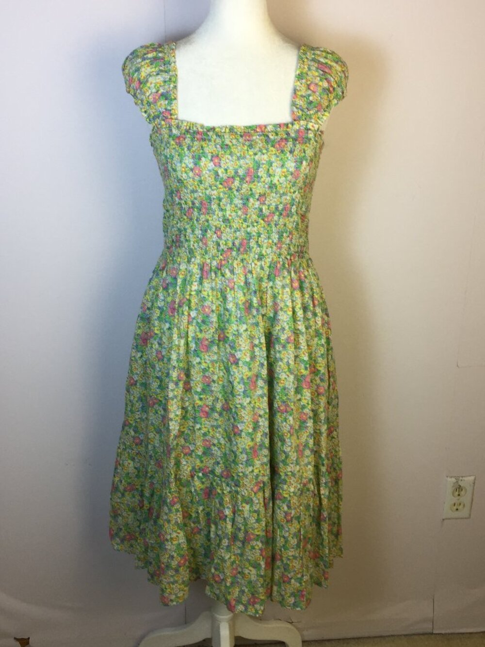 Gap Midi Dress Girls Size XXL 14/16 Green Floral Smocked Cap Sleeve Cottagecore